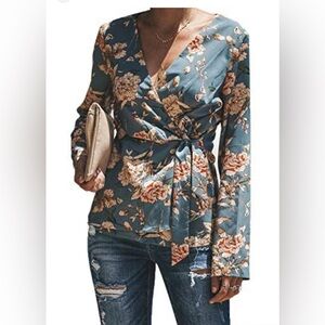 Floral Wrap Blouse - Blue